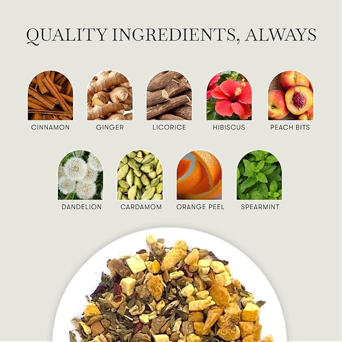 Luxmi Estates Peach Mint Tea with Cinnamon Ginger Hibiscus, 50 cups (100g/3.5oz) | Caffeine-Free
