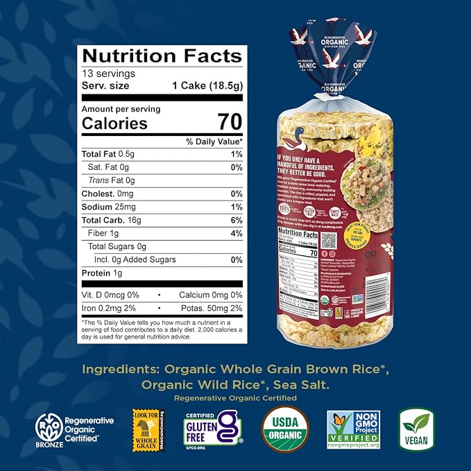 Lundberg Rice Cakes, Organic Wild Rice, Lightly Salted, 6-Pack – Regenerative Organic Certified Rice Cakes, Healthy Snacks, Gluten-Free & Vegan, 8.5 Oz Ea
