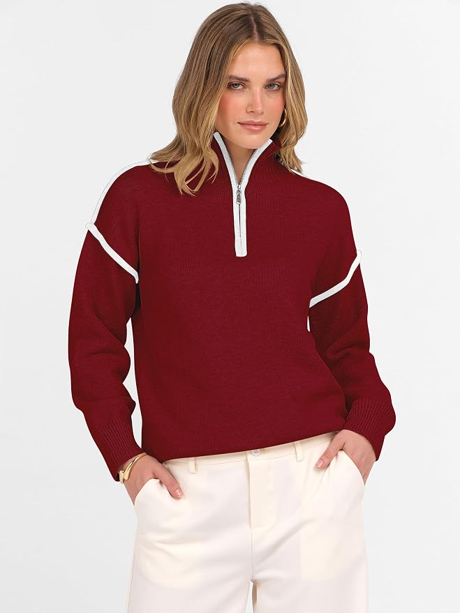 ANRABESS Womens Quarter Zip Sweaters Fall Long Sleeve V Neck Shirts Collared Business Casual Tops Knit Pullover Sweatshirts