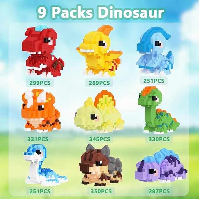 9 Packs Mini Building Set Dinosaur Toys for Adult, Cut Dionsaur Building Blocks Party Favors Toys, Assemble Game Home Decor Creative Birthday Gifts for Boys Girls