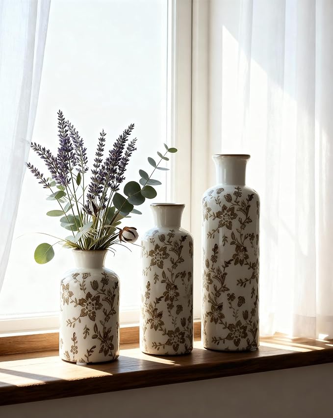 Brown Ceramic Vase Set of 3, Vintage Brown Floral Vases for Home Decor | Crackle glaze and distressed rims for living room mantels and dining table centerpieces