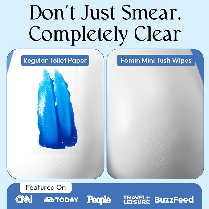Fomin Compact Travel Flushable Wipes 8 Pack (80 Wipes Total) - Unscented Travel Size Wet Wipes for Adults - pH Balanced, Biodegradable, Plant-Based - Hypoallergenic Tush Wipes for Women & Men