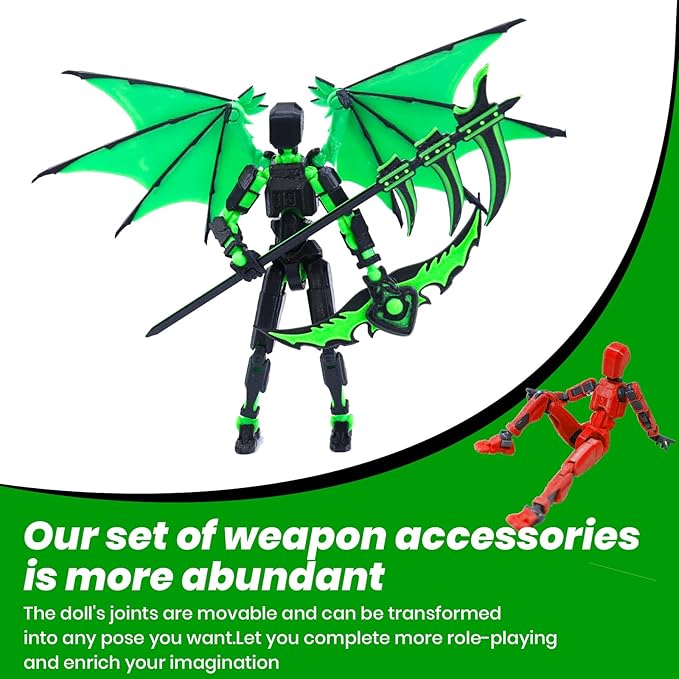 Titan 13 Robot Action Figure,Dummy 13,Articulated Robot with Demon Wings, 3D Printed robo 13 Action Figure Articulated (Bamboo Green)
