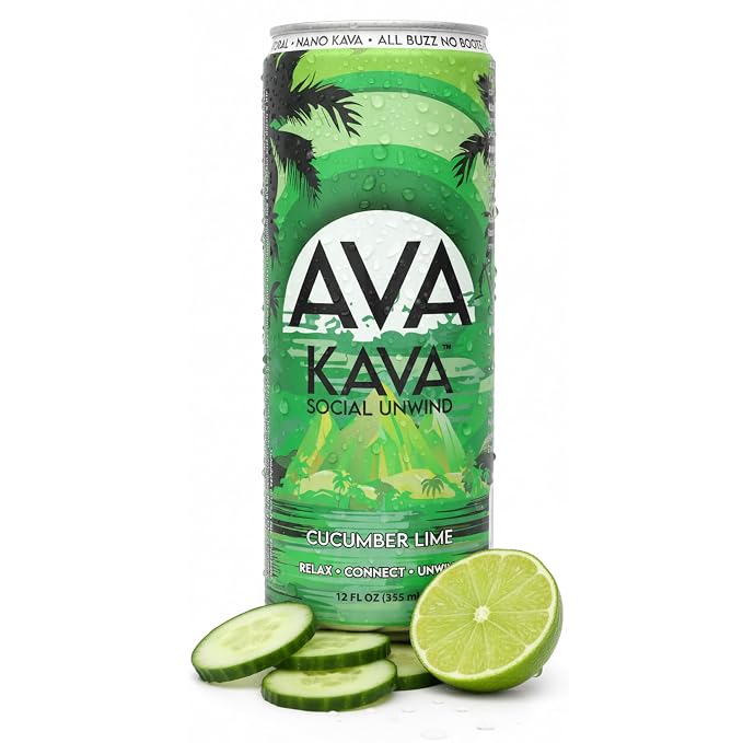 AVA Kava | Alcohol-Free Relaxation Drink | Cucumber Lime | Fast Acting Nano Kava • Zero Sugar Alcohols • Vegan • Plant Based • No Preservatives • Natural Flavors • Non GMO • Gluten Free | 12oz Cans (6-Pack)