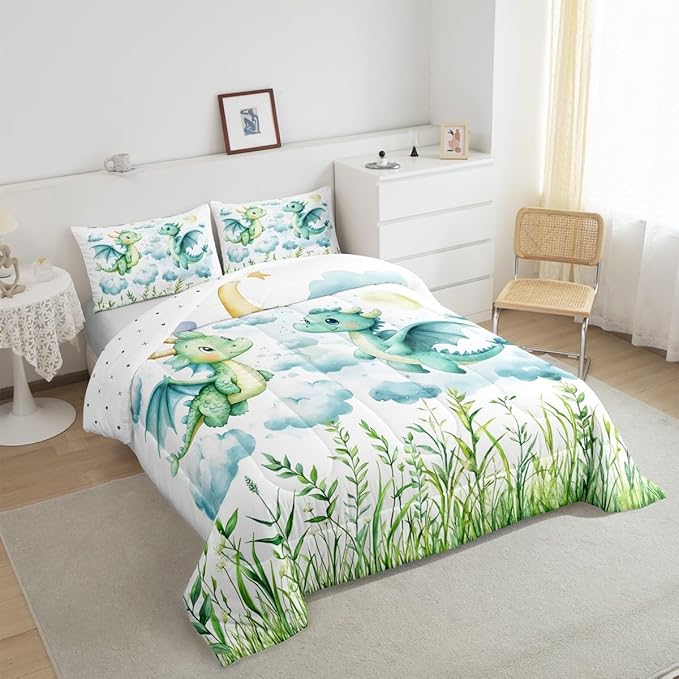 Feelyou Dragon Comforter Set Toddler Size Dragon Stuff Comforter for Boys Girls Teens Wild Life Bedding Set Dragon Decor Duvet Set Room Decor Green Quilt Set