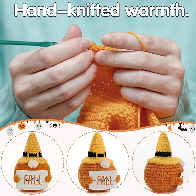 Hello Fall Handmade Halloween Witch Hat Crochet Pumpkin Gnome Plush - Autumn Season Thanksgiving Home Office Harvesting Color Table & Desk Decor Christmas Ornaments