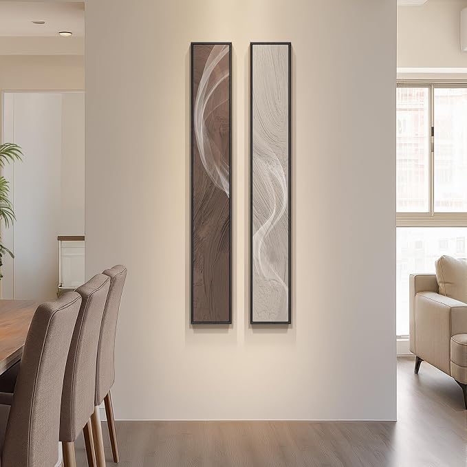 Large Framed Long Narrow Vertical Neutral Abstract Wall Art Set of 2, Beige Brown Modern Canvas Prints Paintings Artwork for Walls, Minimalist Pictures for Entryway Hallway Living Bedroom Wall Decor