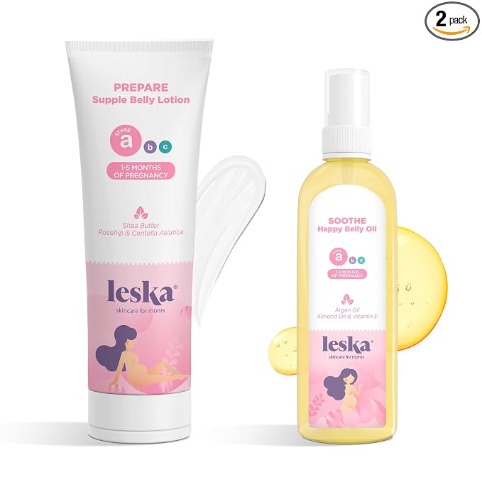 Leska Maternity Lotion & Oil | STAGE A: PREPARE & SOOTHE Supple Belly Lotion & Happy Belly Oil (Pregnancy Months 1-5) | Part of a Complete 3-Stage Pregnancy Skincare System | New Mom Gifts (4-4.22oz)