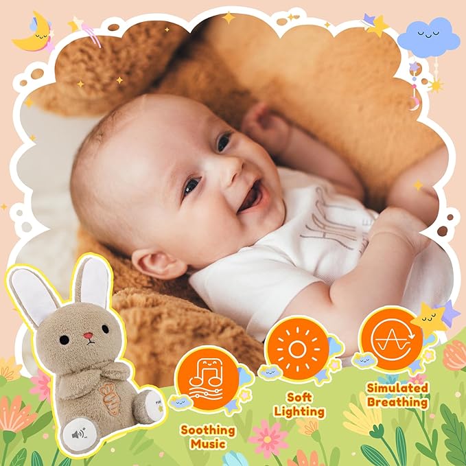 BRICHOEE Breathing Stuffed Animal, Soothing Bunny Stuffed Animal with Moving Ears, Breathing Motion, Calming Sound and Light for Baby Sleep Companion Portable Plush Toy Gifts for Kids Adults Newborns