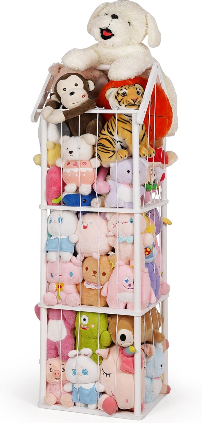 Stuffed Animal Storage, Space Saving Vertical Stuffed Animal Holder Wood, Easy Assembly Cottage-Style Plush Toys Organizer for Kids Bedroom & Playroom (White)