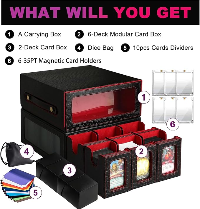 9IN1 MTG Deck Box with Handle, Fits 1000 Trading Cards or 8 Commander Decks, Premium Black Red Leather TCG Storage Case with 8 Removable Trays and 10 Dividers, Compatible with Magic, Yu-Gi-Oh!
