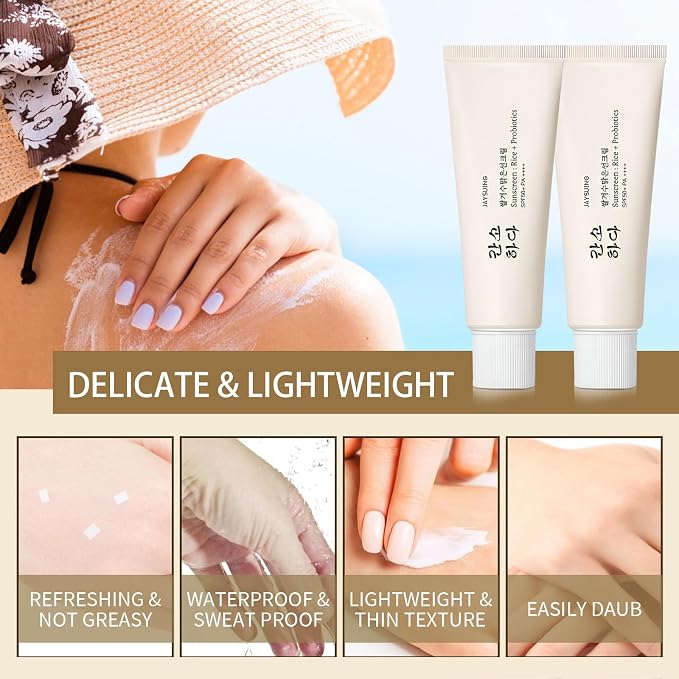 Relief Sun Organic Sunscreen SPF50+,Rice and Probiotics PA++++Korean Cream Care | Korean Skin for All Skin Types | UV Defens Nourishing Skin Protection (2, 2PCS)