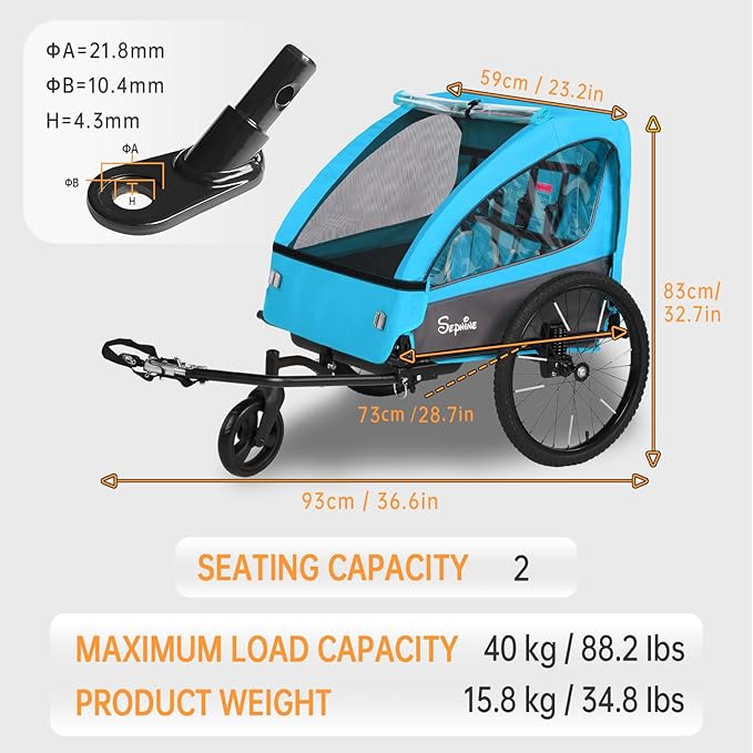 Sepnine 2-in-1 Kids Bike Trailer and Stroller with Suspension – Bike Trailer for 1 to 2 Children, Jogging Function, Foldable, 5-Point Harness, Spacious Storage, with Bug Screen and Weather Shield