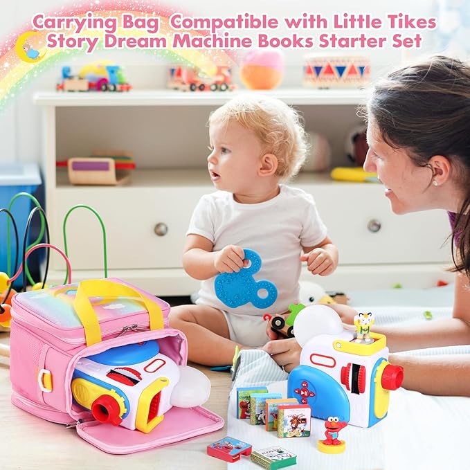 Carrying Case Compatible with Little Tikes Story Dream Machine Books Starter Set and Accessories,Portable Storage Bag for Story Books and Character with Handle and Shoulder Strap (Pink)