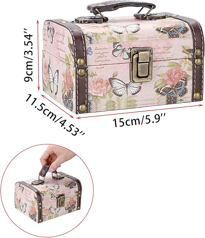 ELLDOO Decorative Treasure Chest Box, Wooden + PU Leather Storage Box for Jewelry Trinkets, Keepsakes box for Girls Women Gifts (Butterfly Pattern, Small)