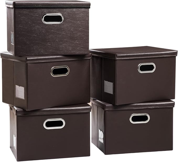 Foldable Storage Bins with Lids [5-Pack] Leather Fabric Collapsible Storage Boxes Organizer Containers Baskets Cube with Cover for Bedroom Closet Office Nursery Brown 14.9x10.8x10