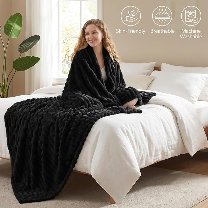 Black Throw Blanket for Couch & Bed, 50 x 60 Inch | 300GSM Ribbed Fleece Blanket, Soft, Cozy & Lightweight, OEKO-TEX Certified, All-Season Use for Travel, Dorm & Home Decor