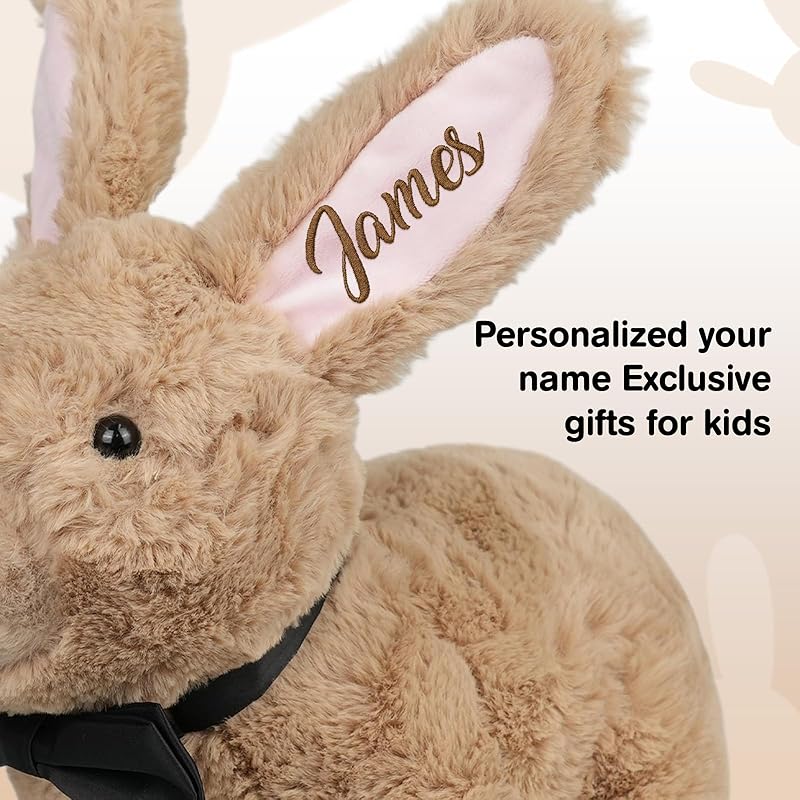 Custom Bunny Plush Embroidered Name, Realistic Bunny Stuffed Animal, Personalised Brown Rabbit for Baby Birthday Easter Gift for Girls Toddlers Kids(1 ear)