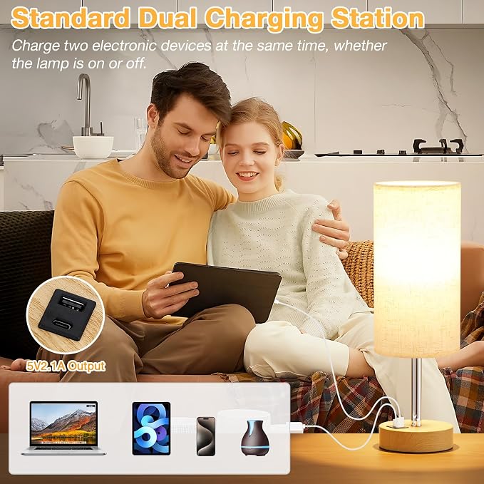 Dicoool Bedside Table Lamp for Bedroom - 3-Way Dimmable Touch Lamp, USB A+C | LED Bulb Included, 14" Small Nightstand Lamp for Desk, Living Room, Guest Room, Cream Fabric Lampshade, Wood-Grain Metal Base