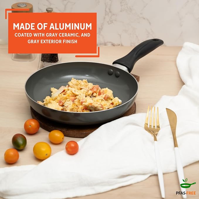 IMUSA 8 Inch Chef Cera Aluminum Ceramic Fry Pan, Gray | Cool-Touch Handle, Sautéing, Stir-Frying, Searing Eggs, Healthy Nonstick Cookware, Compatible with Electric Coil