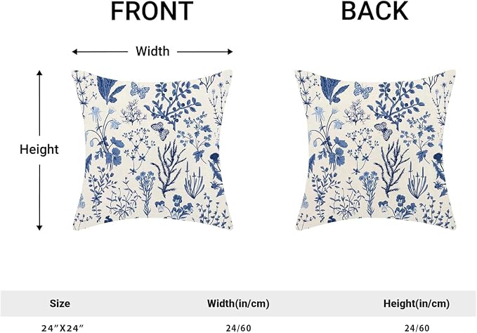 AEIOAE Summer Pillow Covers 24x24 Inch Set of 2,Navy Blue Wild Flower Plant Throw Pillows Case,Seasonal Floral Outdoor Decorative Square Linen Farmhouse Decor Cushion Covers for Home Couch Sofa Bed