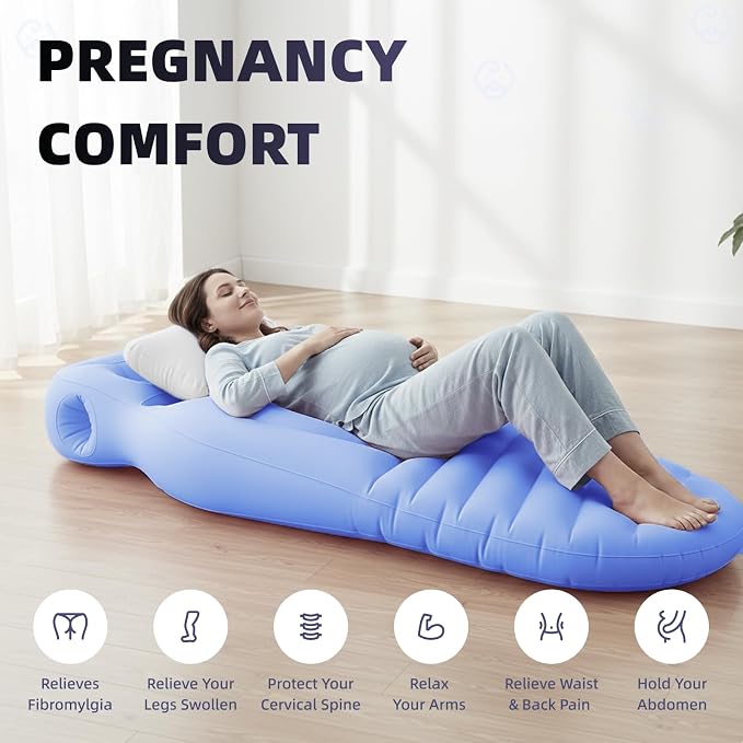 Inflatable Pregnancy Pillow, Pregnant Woman's Abdominal Hole Full Body Inflatable Bed Abdominal Mattress, Prone Pregnancy Pillow - Pregnant Woman's Swimming Pool Float (Blue)