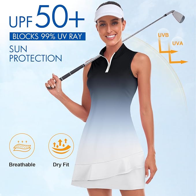 Viracy Tennis Dress for Women Sleeveless Golf Dresses with Shorts and Pockets Ruffle Zip Up Stand Collar Golf Outfits