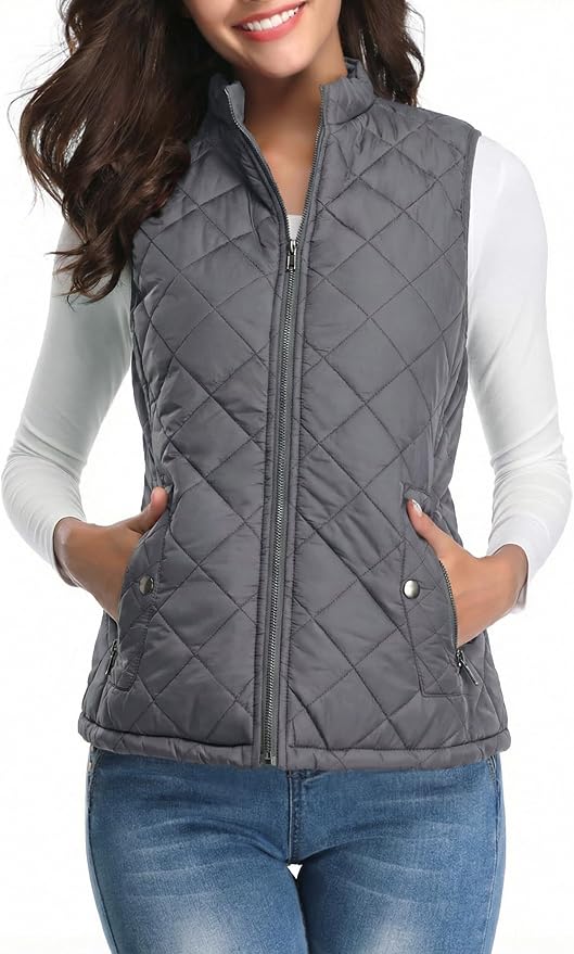 Fuinloth Women's Quilted Vest Lightweight Puffer Stand Collar Zip Gilet | 4 pockets with 2 inner storage. Quilted padded warm gilet. Fall winter outerwear layering vest for travel hiking daily wear.
