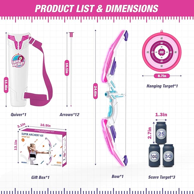 Bow and Arrow for Kids, LED Light Up Archery Set with 12 Suction Cup Arrows, 1 Hanging Target, 3 Score Targets & 1 Quiver, Indoor Outdoor Sport for Boys Girls Ages 4-12, Purple