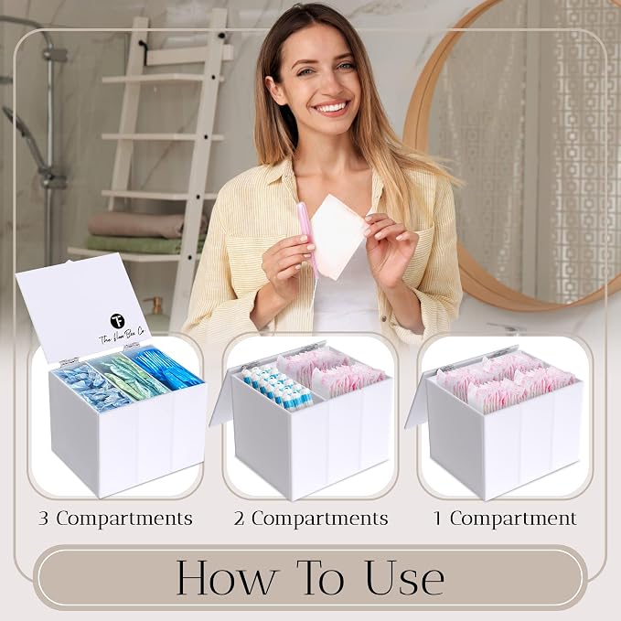 The Flow Box Tampon and Sanitary Pad Organizer - Bathroom Organizer with Removable Dividers, Tampon Storage Box, Discreet Feminine Care Storage, Feminine Care Organizer