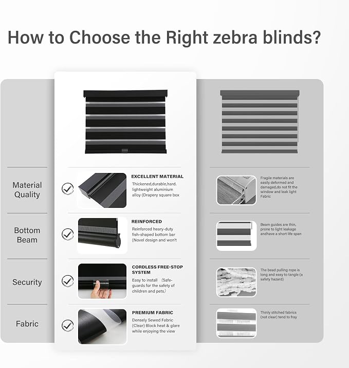 AOSKY Cordless Zebra Blinds for Windows Pull Down Roller Window Shades Dual Layer Light Filtering Privacy for Day and Night, Free-Stop Door Shades for Home Easy to Install (44" W X 72" H, Black)