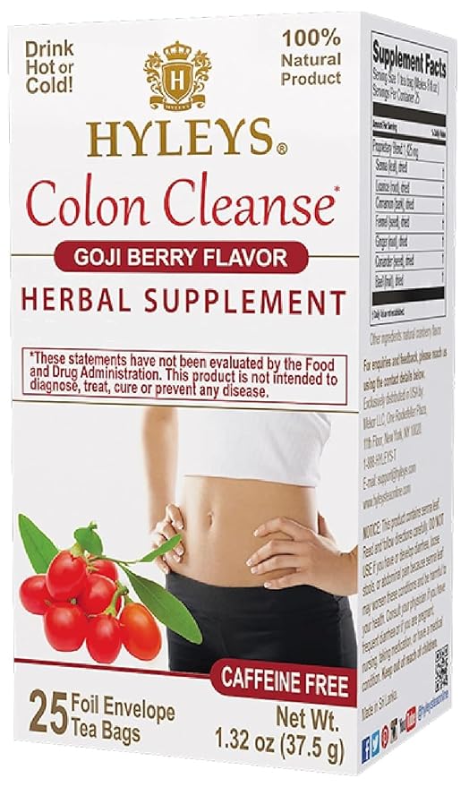 HYLEYS Colon Cleanse Tea, Goji Berry Flavor - 150 Individually Wrapped Herbal Tea Bags (6 Pack of 25) - Caffeine Free, Plant Based