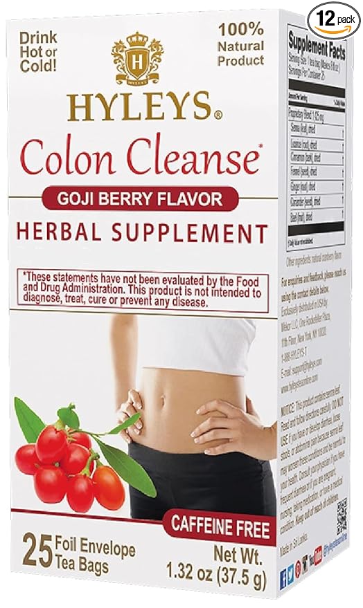 HYLEYS Colon Cleanse Tea, Goji Berry Flavor - 300 Individually Wrapped Herbal Tea Bags (12 Pack of 25) - Caffeine Free, Vegan