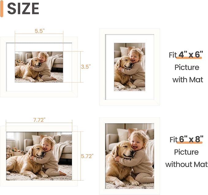 upsimples 6x8 Picture Frame, Display Pictures 3.5x5.5 with Mat or 6x8 Without Mat, Wall Hanging Photo Frame, White, 1 Pack