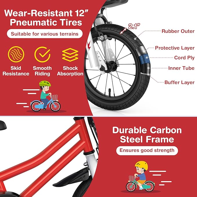 COSTWAY Kids Bike, 12 14 16 18 Inch Toddler Bike for Boys & Girls Aged 3-8 Years Old, Kids Bicycle w/Removable Training Wheels, Handbrake & Coaster Brake, Basket, Bell