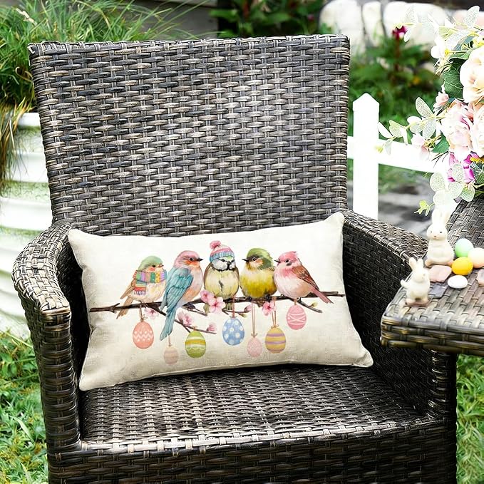 RABUSOFA Easter Pillow Covers 12x20 inch Easter Decorations for Home Pink Birds Colorful Eggs Lumbar Throw Pillows for Bedroom Sofa Holiday Festivals Decor