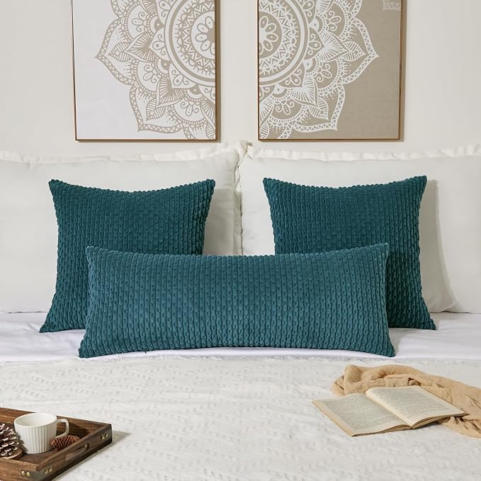 Kevin Textile Soft Corduroy 14"x36" Lumbar Pillow Cover 1 Pack, Teal Blue | Boho Stripe Plush Corduroy Decorative Oblong Cushion Cover Modern Farmhouse Home Decor for Sofa Couch Bed Chair