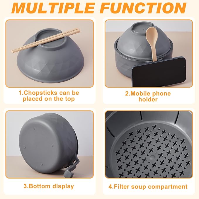 1 Set Microwave Ramen Cooker 40oz Wheat Straw Microwave Noodle Bowl Set with Chopsticks, Spoon, Fork, College Dorm Office Apartment Essentials (Gray)