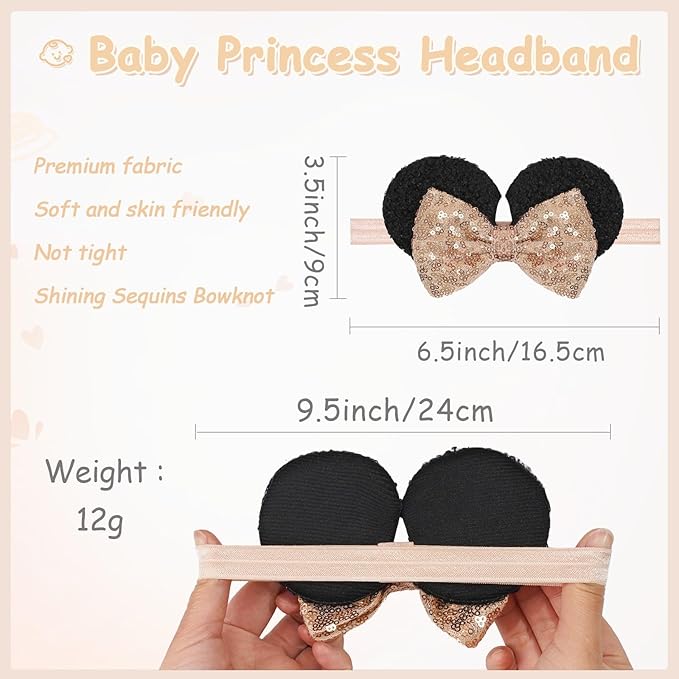 3PCS Baby Girl Mouse Ears Thin Headbands with Sequin Bow, Soft Nylon Hairband, Theme Park Headwear, Hair Bow Headband for Toddler, Kids, Party Supplies