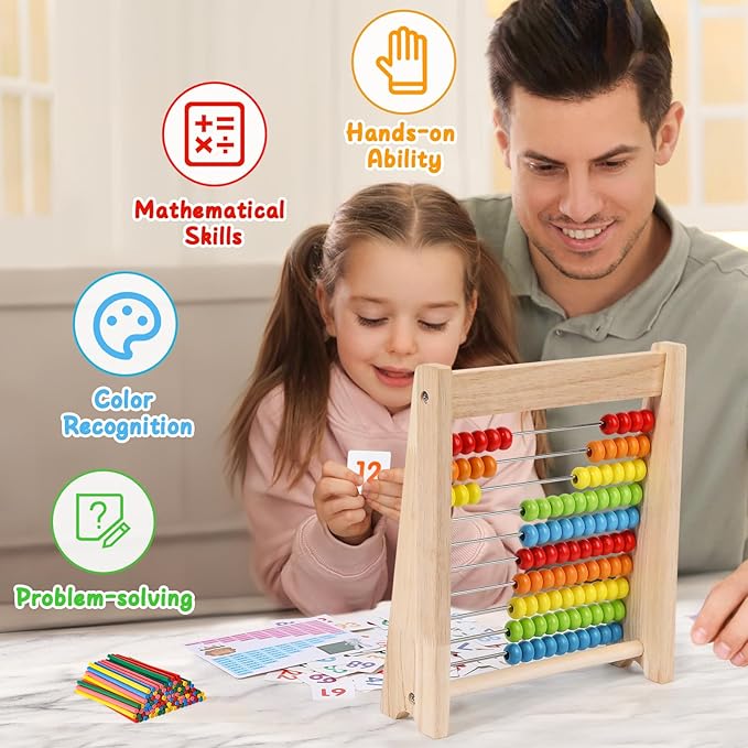 Wooden Abacus for Kids, Math Learning Tool, 10-Row Bead Frame with Counting Sticks, 1-100 Number Cards & Math Symbols, Preschool Educational Toy for Toddlers 3+