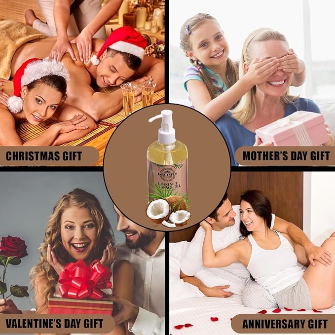 Coconut Massage Oil for Couples Date Night, with Massage Roller Ball, Full Body Massage Oil for Massage Therapy, Skin Therapy Oil & Organic Body Oil Moisturizer, Spa Gift Set for Him, Her