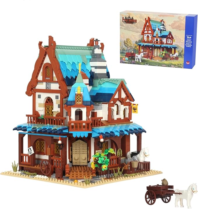 Mini Bricks 1767PCS Fairy Tale Medieval Vintage Post Station Building Blocks,Creative Ideals Village House Architecture Building,Best Halloween for 14+ Boys, Girls or Kids Adults