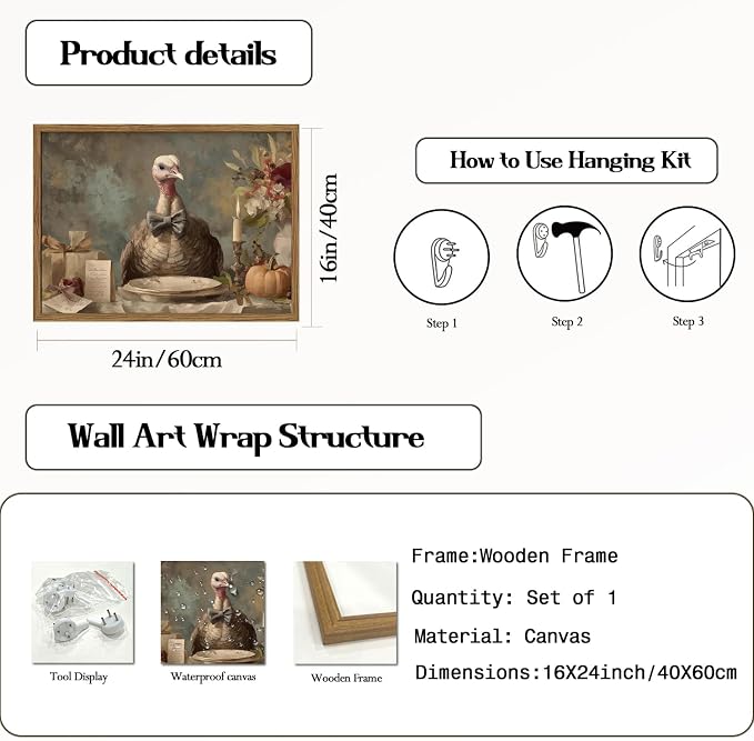 Funny Turkey Wall Art, Whimsical Rustic Bird Wall Decor Painting Cottagecore Animal Canvas Prints Artwork for Living Room Bedroom Bathroom 16x24 inch Wood Framed