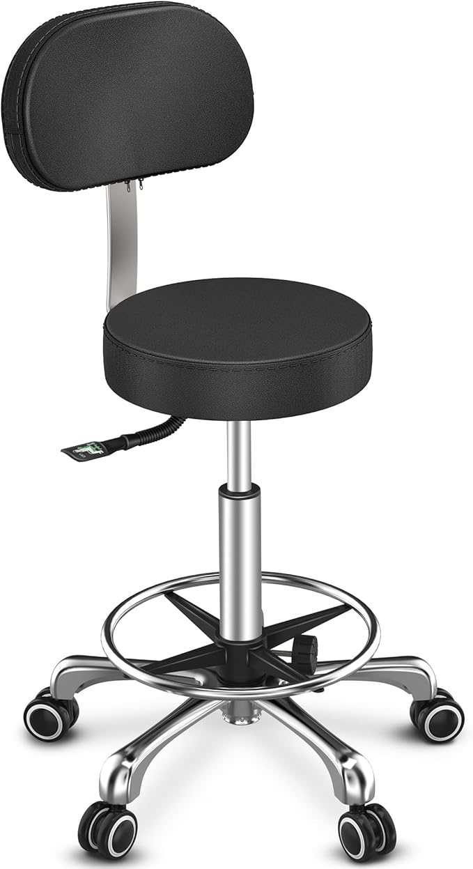 TASALON Professional Salon Rolling Stool Chair,Salon Equipment PU Leather Seat with Backrest,Height Adjustable, Swivel Metal Feet,Spa Tattoo Massage Home Office Swivel Stool Chair Black