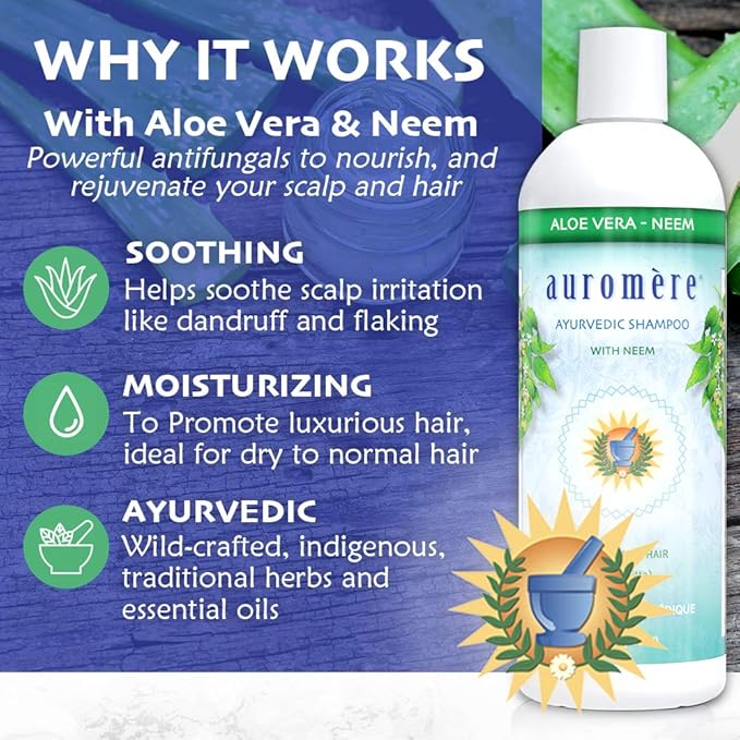 Auromere Ayurvedic Shampoo, Aloe Vera Neem - Vegan, Cruelty Free, Non-GMO, Natural, Gluten Free, Sulfate Free, Paraben Free for Dry to Normal Hair (16 fl oz), 2 Pack