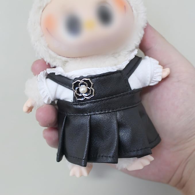 17cm Doll Clothes ,Black and White Cute Dress Outfit fits Labubu Girl- Chic Leather Overalls Skirt