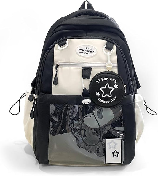 Kawaii Backpack Double Shoulder Bag with Cute Star Removable Pouch Clear Pocket Large Capacity Dopamine Colors Daypack (Clear Black)