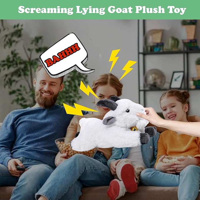 Screaming Lying White Goat with Bell Plush Animal Toy 11in, Realistic Screaming Goat Plush Toy, Cute and Funny White Goat Animal Plushies Model Gift Collection for Kids