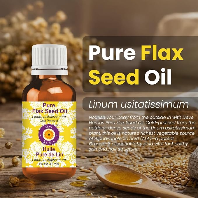 Deve Herbes Flax Seed Oil (Linum usitatissimum) | Cold Pressed | Pure | Natural | Undiluted | For Diluting Essential oils | For Skin & Massage | Non-Sticky | Lightweight | Men & Women | 50ml (1.69 oz)