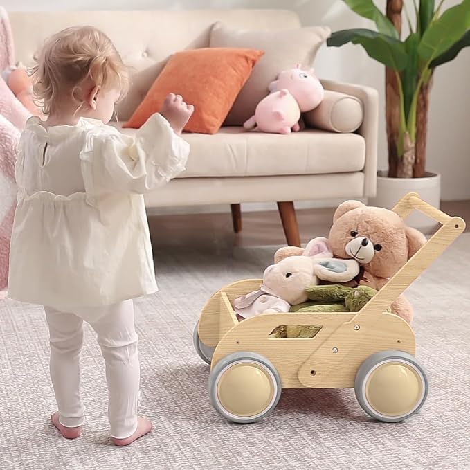 HOMEKOL Wooden Baby Push Walker, Natural Wood Color | Adjustable Height, with Rubber Wheels, for Boys and Girls, Gift for Birthday, Christmas and New Year